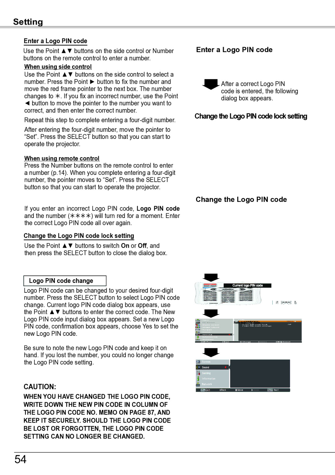 Sanyo PLC-ZM5000 Enter a Logo PIN code, Change the Logo PIN code lock setting, Enter a Logo PIN code, Logo PIN code change 